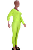 Green Casual Polyester Twilled Satin Solid Frenulum With Belt Boat Neck Straight Jumpsuits