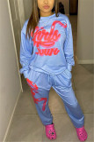 Grey Fashion Casual Letter Print Basic O Neck Long Sleeve Two Pieces