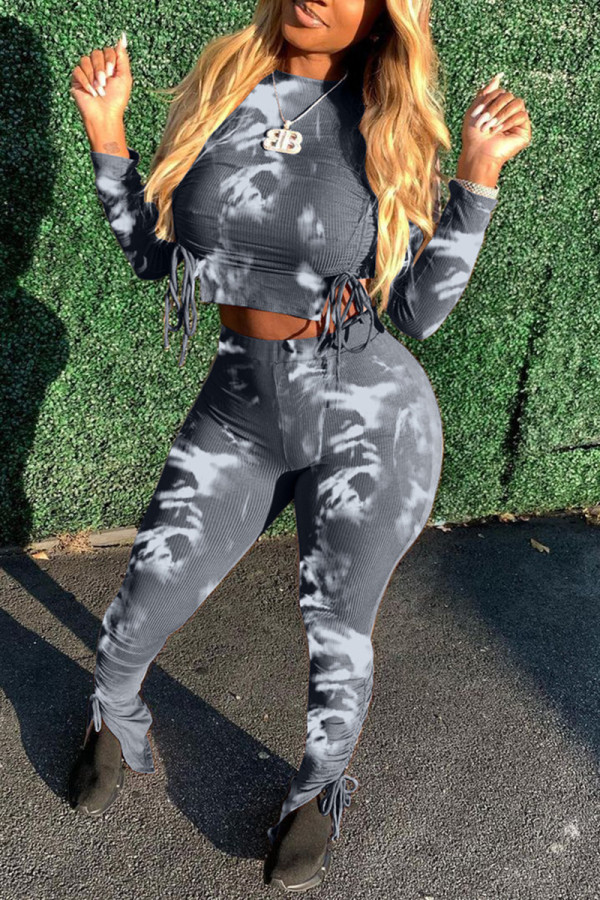 Grey Fashion Casual Print Tie Dye Tie-dye O Neck Long Sleeve Regular Sleeve Short Two Pieces