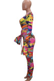 colour Fashion Sexy Adult Print Hollowed Out V Neck Skinny Jumpsuits
