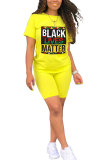 Yellow Polyester Fashion adult Street Letter Patchwork Print Two Piece Suits Straight Short Sleeve Two Pieces