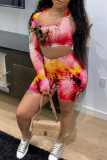 Pink Sexy Print Patchwork One Shoulder Long Sleeve Two Pieces