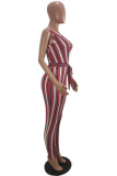 Pink Fashion Casual Striped Print With Belt V Neck Regular Jumpsuits