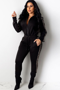 Black Polyester Casual Two Piece Suits Patchwork Solid Loose Long Sleeve Two-piece Pants Set