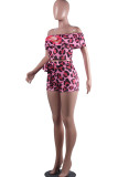 Pink Fashion Lightly cooked Leopard Print Two Piece Suits pencil Short Sleeve Two Pieces