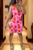 Pink Fashion Sexy Print Hollowed Out U Neck Vest Dress