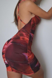 Red Sexy Patchwork Tie-dye Halter Pencil Skirt Dresses