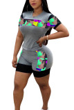Grey Fashion Casual adult Ma'am Patchwork Camouflage Two Piece Suits Straight Short Sleeve Two Pieces