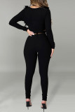 Brown Fashion Sexy Solid Patchwork Strap Design V Neck Long Sleeve Two Pieces