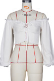 White V Neck Long Sleeve Patchwork crop top Solid