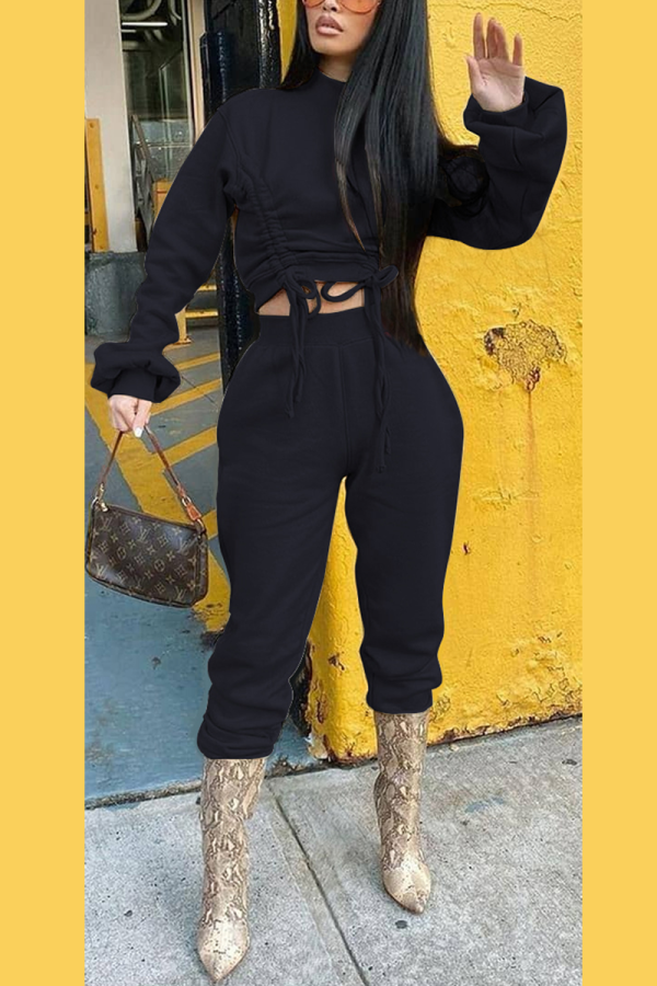 Black Street Solid Draw String Half A Turtleneck Long Sleeve Two Pieces