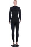 Black Fashion Street adult Patchwork Zippered Solid Two Piece Suits Straight Long Sleeve