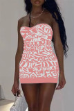 Pink Fashion Sexy Print Backless Strapless Sleeveless Dress