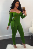 Green Sexy Solid bandage Patchwork Long Sleeve V Neck Jumpsuits