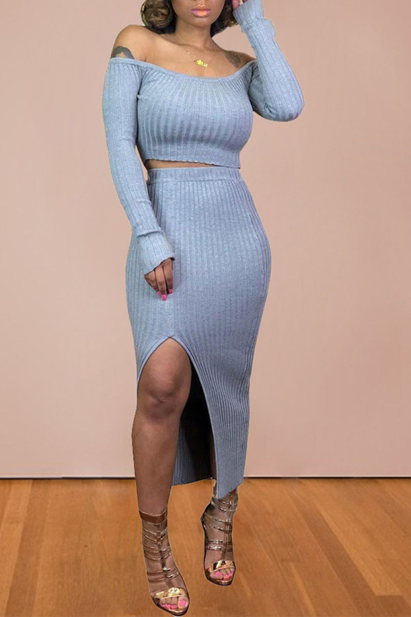 Gray Blue Elegant Solid Patchwork Bateau Neck Long Sleeve Two Pieces