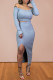 Gray Blue Elegant Solid Patchwork Bateau Neck Long Sleeve Two Pieces
