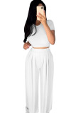 White Casual Polyester Solid Split Joint O Neck Short Sleeve Short Two Pieces