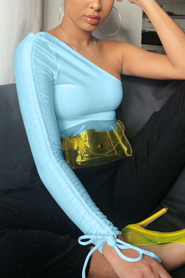 Blue Fashion Sexy Casual Strapless Long Sleeve One Shoulder Short Tops