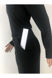 Black venetian Casual Patchwork Two Piece Suits Zippered Solid Hole Straight Long Sleeve 