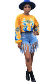 Yellow Polyester O Neck Long Sleeve Letter Long Sleeve Tops
