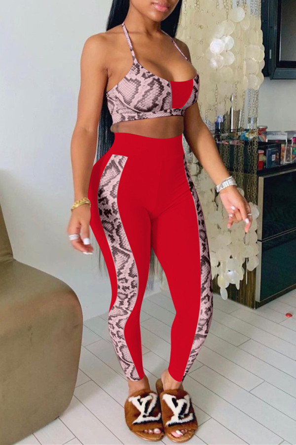 Red Fashion Sexy Print Patchwork Backless Halter Sleeveless Two Pieces