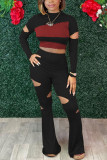 Pink Sexy Solid Ripped Patchwork Fold O Neck Long Sleeve Two Pieces