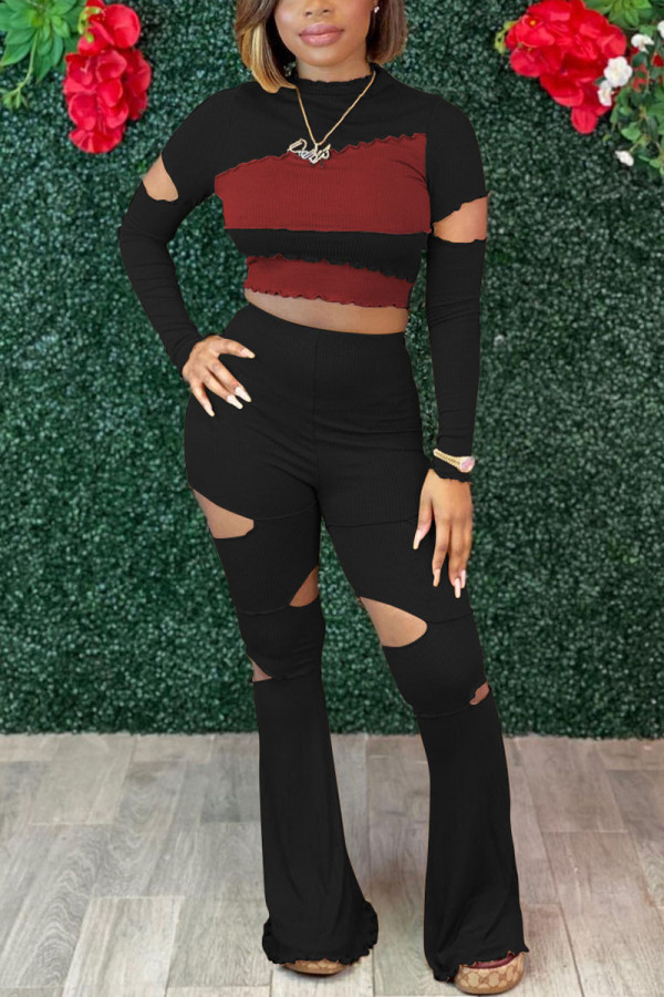 Black Sexy Solid Ripped Patchwork Fold O Neck Long Sleeve Two Pieces