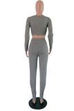 Grey Casual Solid Split Joint V Neck Long Sleeve Two Pieces