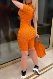 Red Sexy Solid Hollowed Out Zipper Collar Skinny Rompers