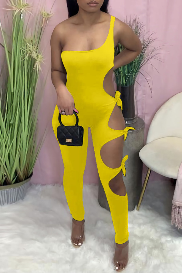Yellow Sexy Solid Hollowed Out Backless One Shoulder Skinny Jumpsuits