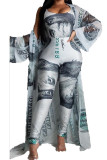 Blue Milk Silk Fashion Casual Print Three-Piece Suits pencil Long Sleeve Two Pieces