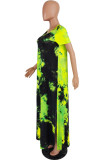 Yellow Casual Short Sleeves V Neck Straight Ankle-Length Print Tie and dye Dresses