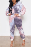 Blue Pink Fashion Casual Print Tie-dye Hooded Collar Long Sleeve Two Pieces