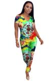Multi-color Polyester Fashion adult Street Patchwork Print Two Piece Suits pencil Short Sleeve Two Pieces