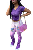 purple Milk Silk Fashion Sexy adult Ma'am Print Two Piece Suits pencil Short Sleeve Two Pieces