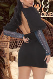 Black Sexy Solid Split Joint V Neck Wrapped Skirt Dresses
