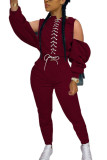 Wine Red Fashion Sexy Adult Solid Bandage Split Joint O Neck Long Sleeve Cold Shoulder Regular Two Pieces