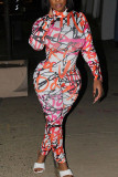 Red Sportswear Print Turtleneck Skinny Jumpsuits