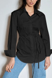 Black Turndown Collar Long Sleeve Patchwork Solid backless HOLLOWED OUT Tops