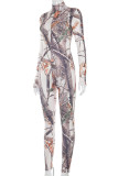 Grey Casual Floral Patchwork Tie-dye O Neck Regular Jumpsuits