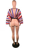 Multi-color Polyester V Neck Long Sleeve Striped Print crop top Patchwork Long Sleeve Tops