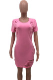 Pink Sexy Short Sleeves O neck Asymmetrical Mini hole Solid hollow out asymmetrical Dresses
