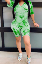 Green Polyester Fashion Casual adult Ma'am Patchwork Print Tie Dye Two Piece Suits Straight Short Sleeve Two Pieces