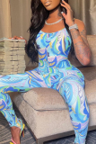 Blue Sexy Print Split Joint Spaghetti Strap Skinny Jumpsuits
