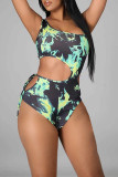 Black Fashion Sexy Print Tie Dye Hollowed Out Backless Swimwears