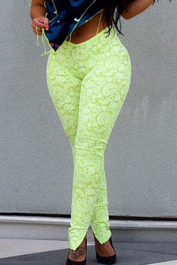 Green Sportswear Print Regular Mid Waist Pencil Bottoms