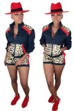 Lake Blue Polyester Fashion adult Casual Leopard Print Two Piece Suits Patchwork pencil Long Sleeve