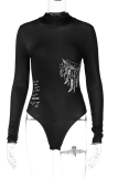 Black Sexy Print Patchwork Half A Turtleneck Skinny Bodysuits