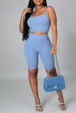 Blue Sexy Casual Solid Backless Spaghetti Strap Sleeveless Two Pieces