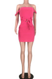 Pink Fashion Sexy adult Ma'am Off The Shoulder Sleeveless One word collar Step Skirt skirt Solid Dresses